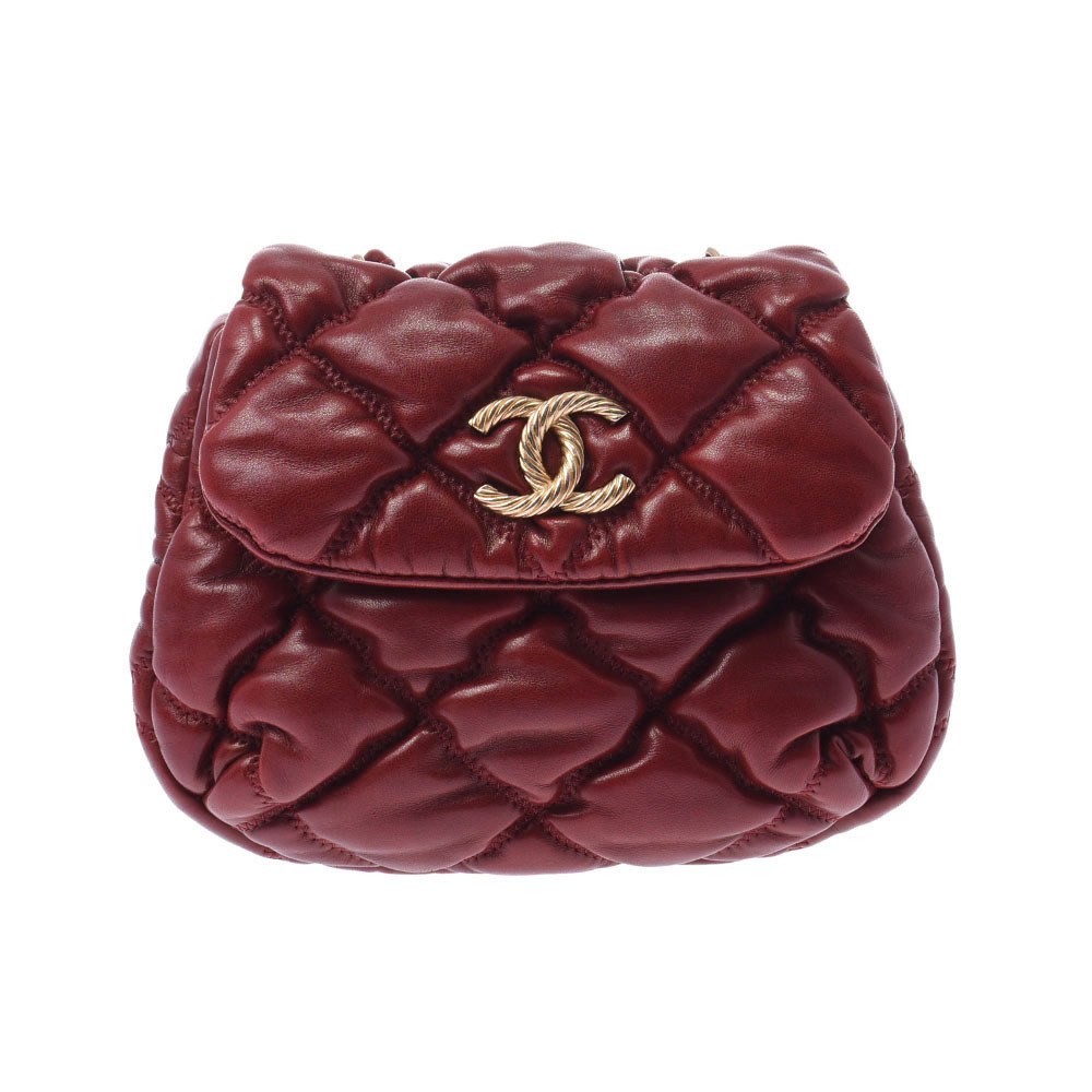 CHANEL Bubble Quilt Chain Bag Reddish Brown Lambskin Shoulder